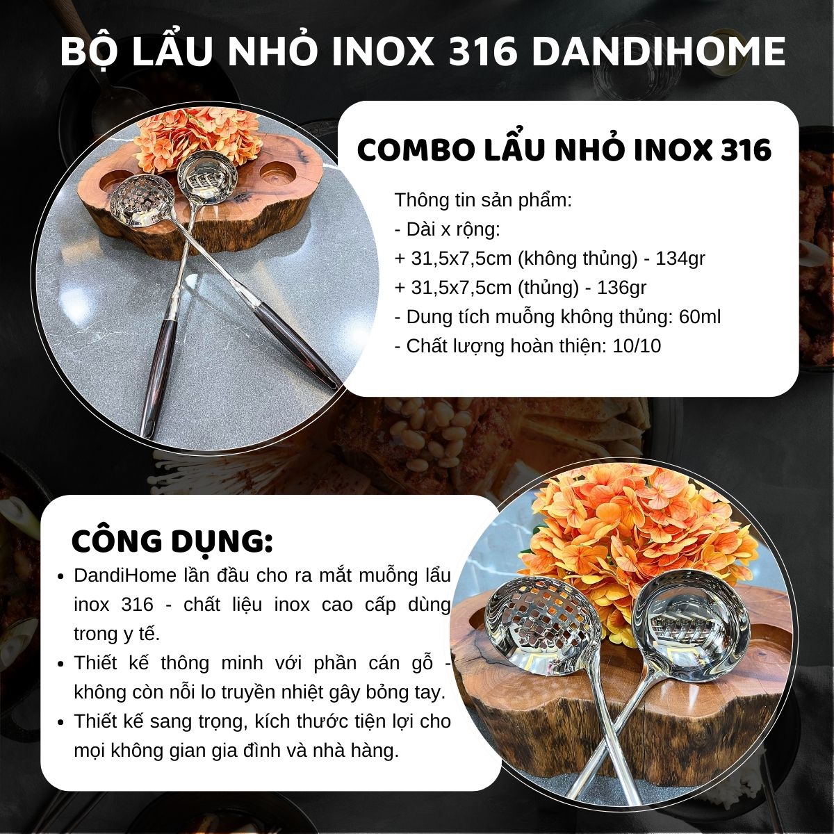 Combo các loại muỗng lẩu DandiHome inox cao cấp, sáng bóng