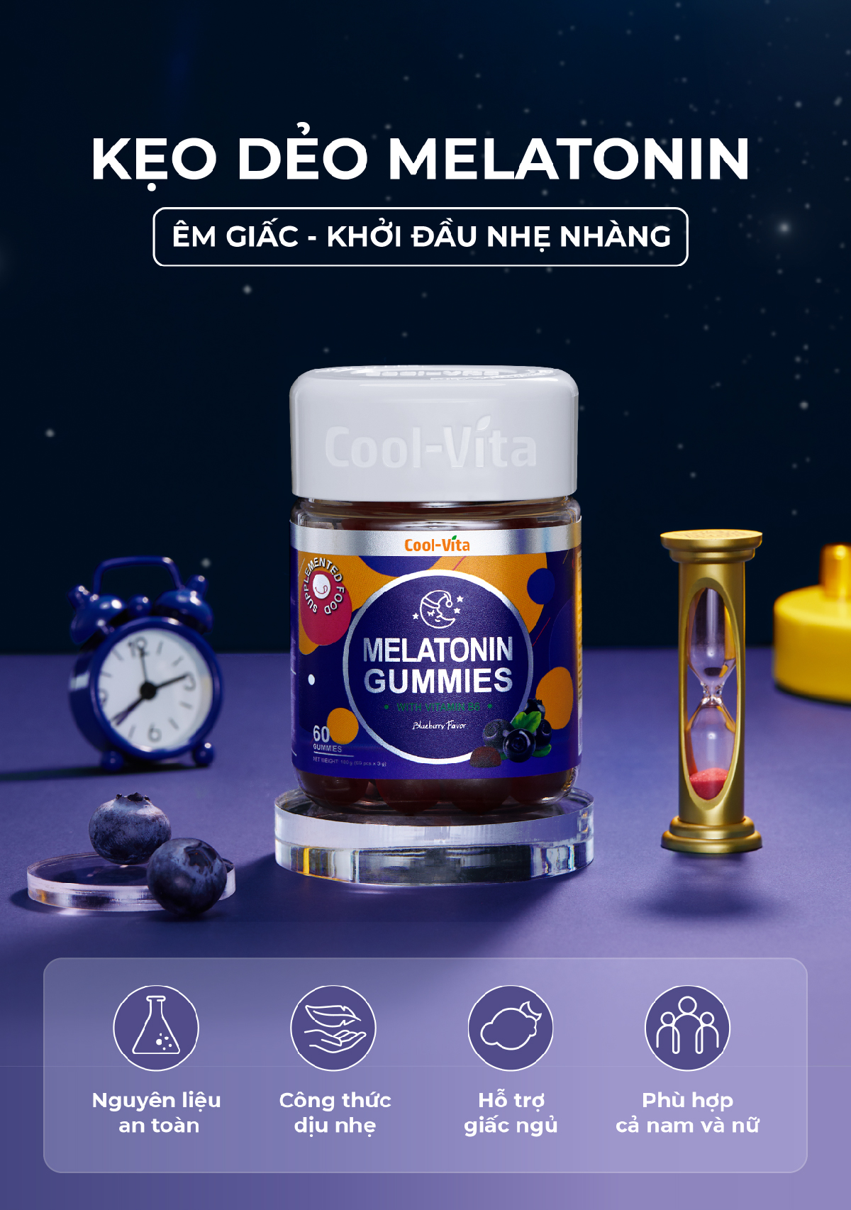Kẹo Dẻo Melatonin Hỗ Trợ Giấc Ngủ Ngon Sleep Well Gummies & Hỗ Trợ Giảm Căng Thẳng Vị Việt Quất Kết Hợp Vitamin B6 Coolvita – (60 viên x 3g)/hộp