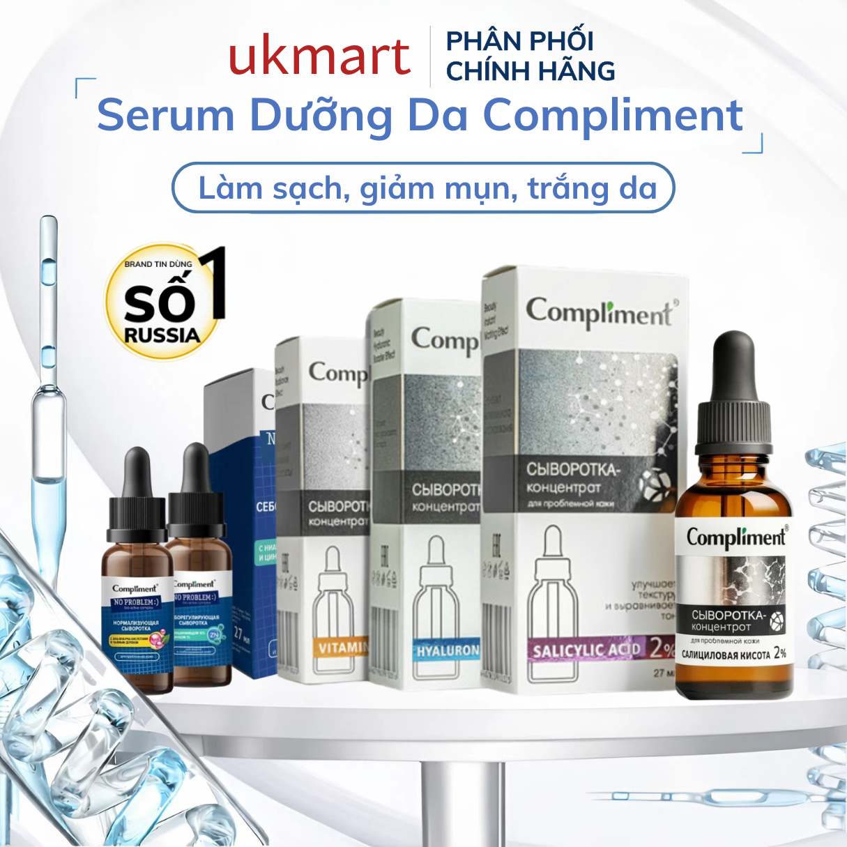 Serum Compliment 2% BHA Salicylic Acid Hyaluronic Acid B5 5% Vitamin C 20% Làm Sạch Da, Giảm Mụn Trắng Da Căng Bóng 27ml