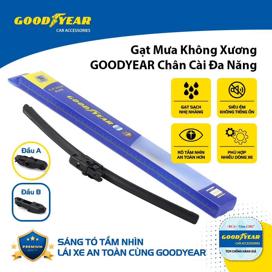 Gạt Mưa Không Xương GOODYEAR Chân Cài Đa Năng (Đầu A, B) Lắp Được Nhiều Dòng Xe Đặc Biệt - Nhập Khẩu Chính Hãng