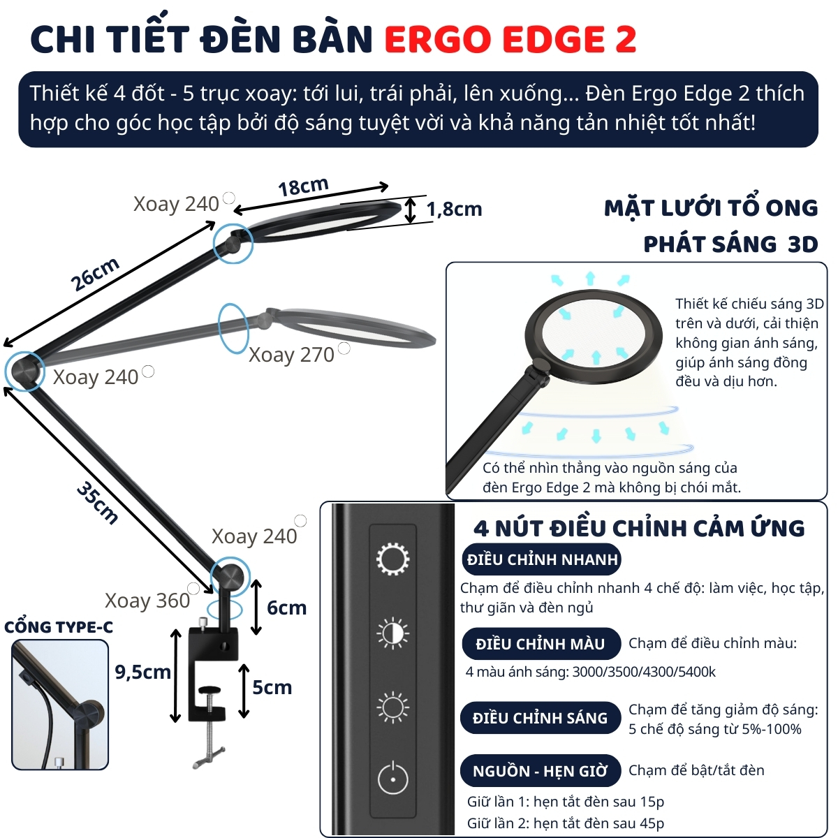 Đèn bàn học bảo vệ mắt DandiHome Ergo Edge chống cận để làm việc, học tập có thể kéo dài và gấp gọn - 3 phiên bản