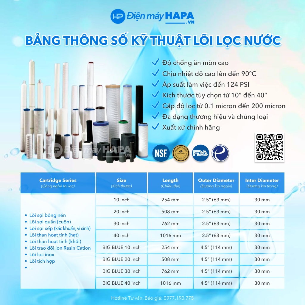 Lõi Lọc Nước 10 inch, 20 inch, 30 inch, 40 inch, - Hàng Chính Hãng