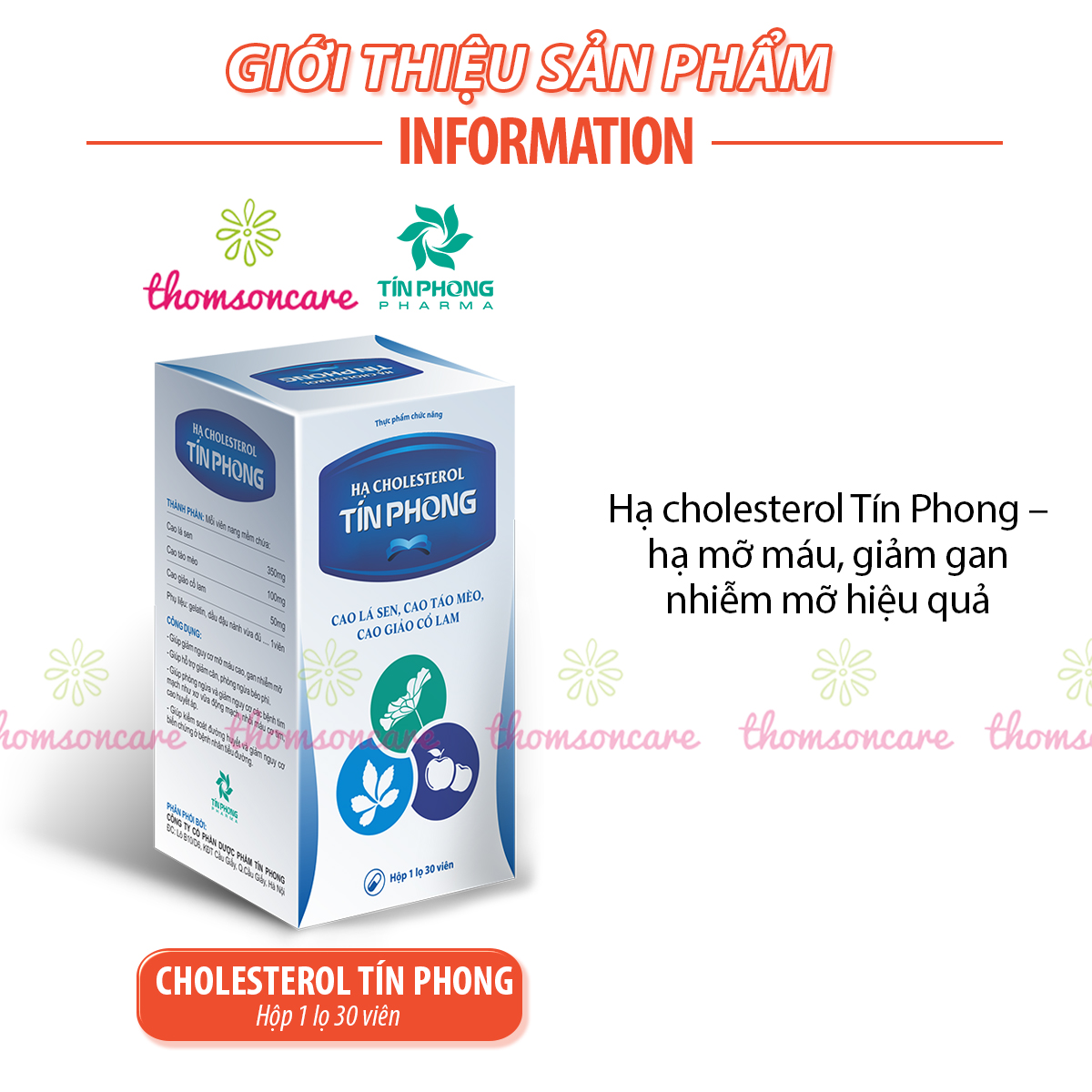 cholesterol tín phong - hỗ trợ hạ mỡ máu, kiểm soát cân nặng, béo phì - hộp 30v từ lá sen, giảo cổ lam 2