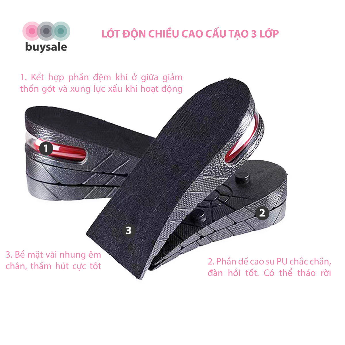 Lót giày độn đế nửa bàn chân tăng chiều cao 3cm, 4.5cm, 6cmđế cao su dẻo cấu trúc tổ ong thoáng khí - buybox - BBPK354