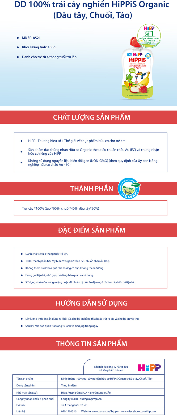 Combo 2 Trái Cây Nghiền Hữu Cơ HiPPiS Organic Dâu tây, Chuối, Táo - 8521 (100g) Tặng Kèm 1 Yếm Ăn Dặm HiPP