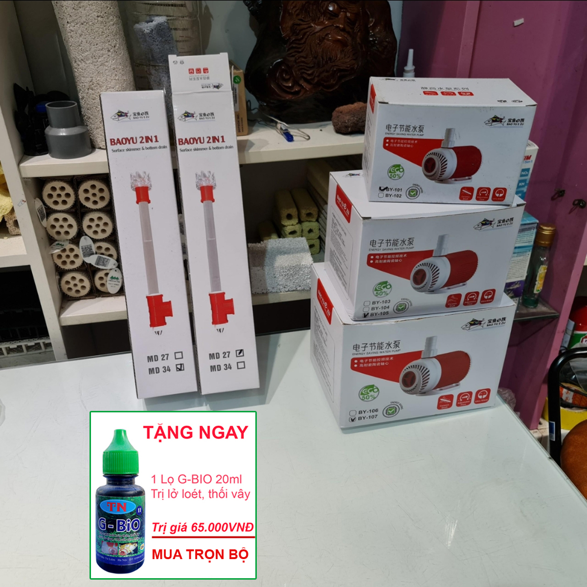 Combo Máy bơm nước BAOYU bể cá kèm bộ hút mặt hút đáy MD27, MD34 tặng 1 lọ G-bio cho cá