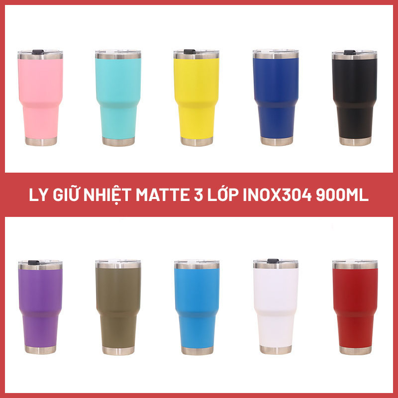 Ly Giữ Nhiệt Matte 3 Lớp INOX304 900ml - Tặng Kèm Túi và Ống Hút
