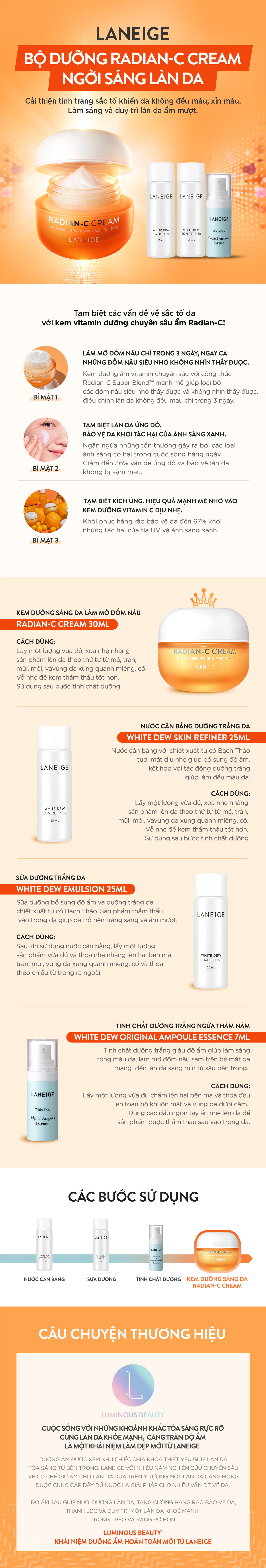 Kem dưỡng trắng da làm mờ đốm nâu Laneige Radian - C Cream 30ml + Tặng Bộ dưỡng trắng da Laneige White Dew 3 món