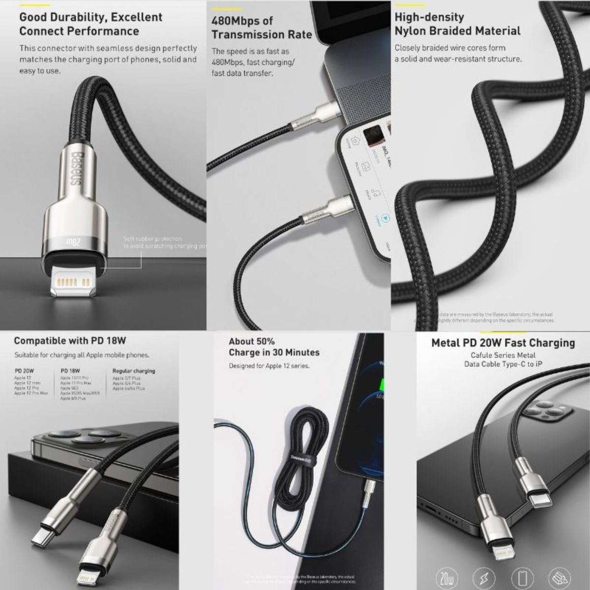 Cáp sạc Baseus Cafule series Metal data cable- CATLJK nhanh Type C to Light-ning 20W  Hàng chính hãng