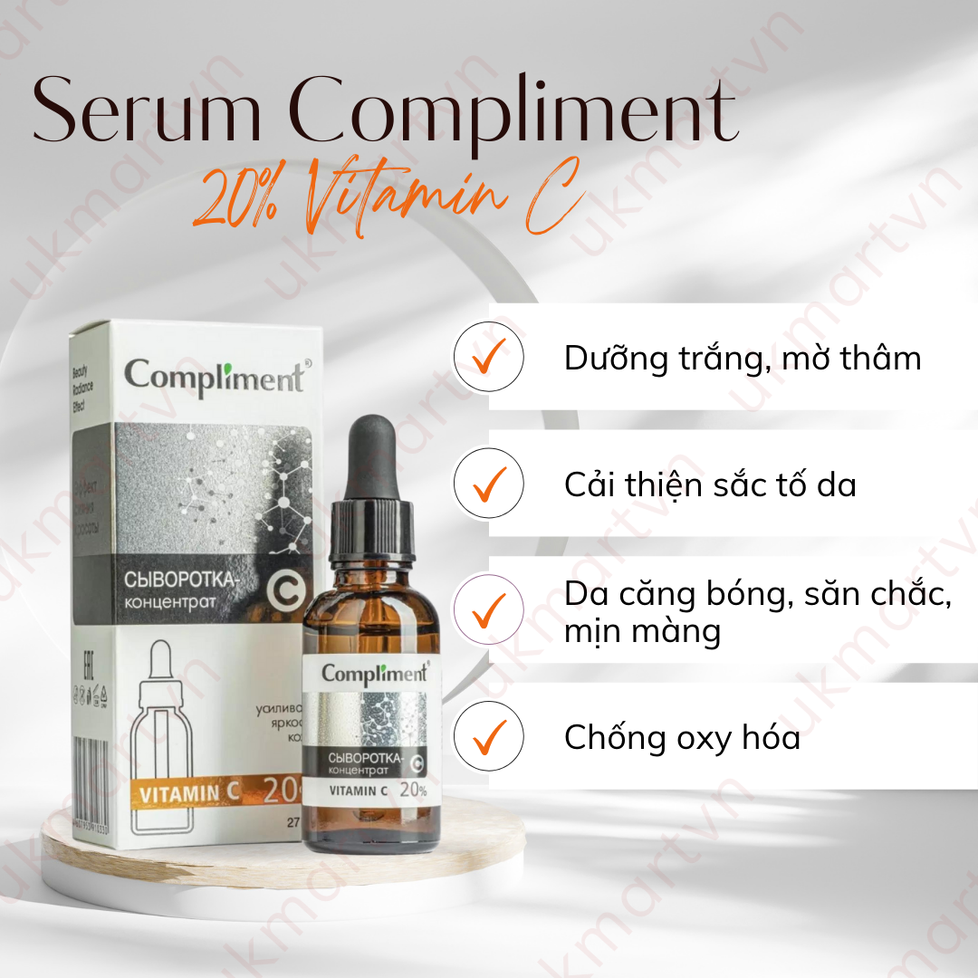 Serum Compliment 2% BHA Salicylic Acid Hyaluronic Acid B5 5% Vitamin C 20% Làm Sạch Da, Giảm Mụn Trắng Da Căng Bóng 27ml