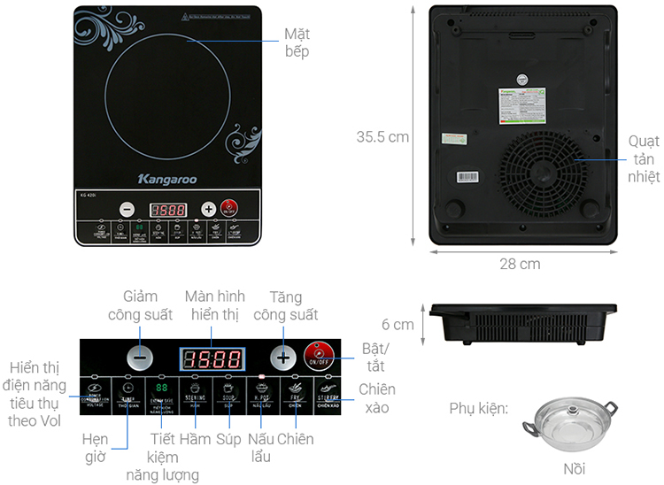 Bếp Điện Từ Kangaroo KG420i (Đen) - Kèm Nồi Lẩu - Hàng chính hãng