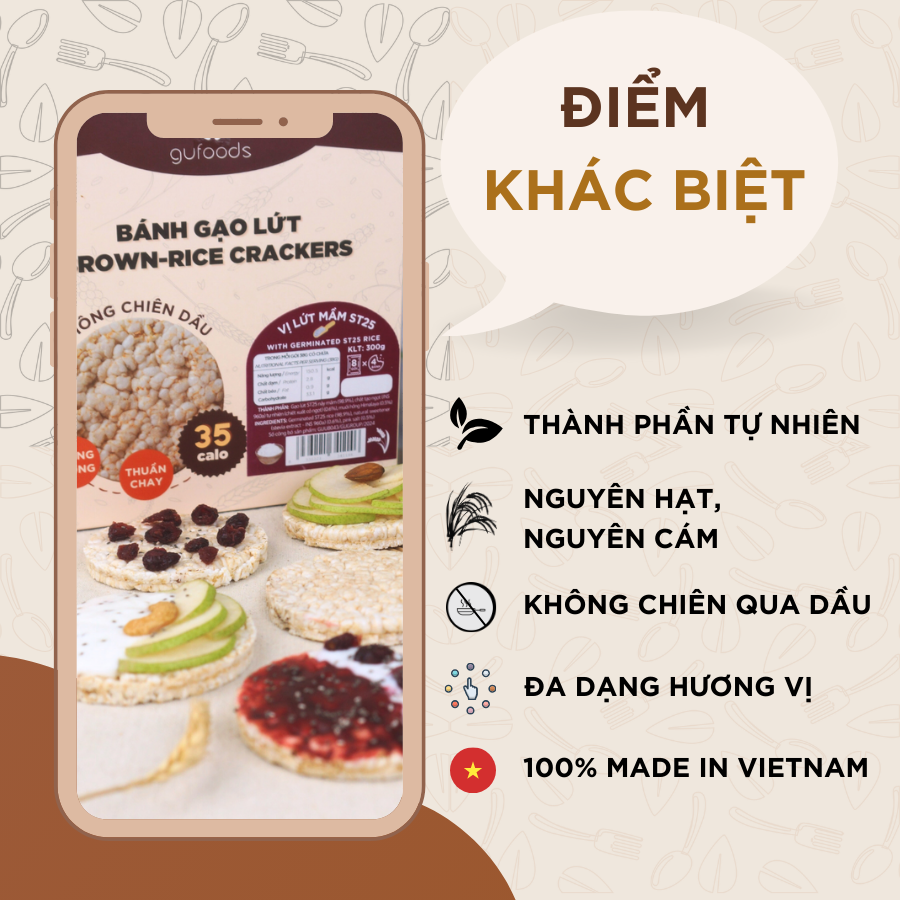 Bánh gạo lứt GUfoods (300g) - Không chiên dầu, Không đường, Từ gạo và ngũ cốc nguyên hạt, Lành mạnh, Phù hợp Eat clean, Ăn vặt healthy, Thực dưỡng, Tập gym, Thuần chay, Đa dạng hương vị