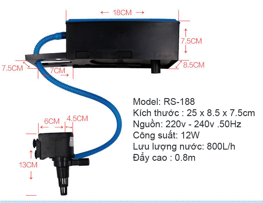 Máy lọc nước bể cá cảnh Electrical RS188 ( 12W, 800L/H) - Máy lọc chìm 