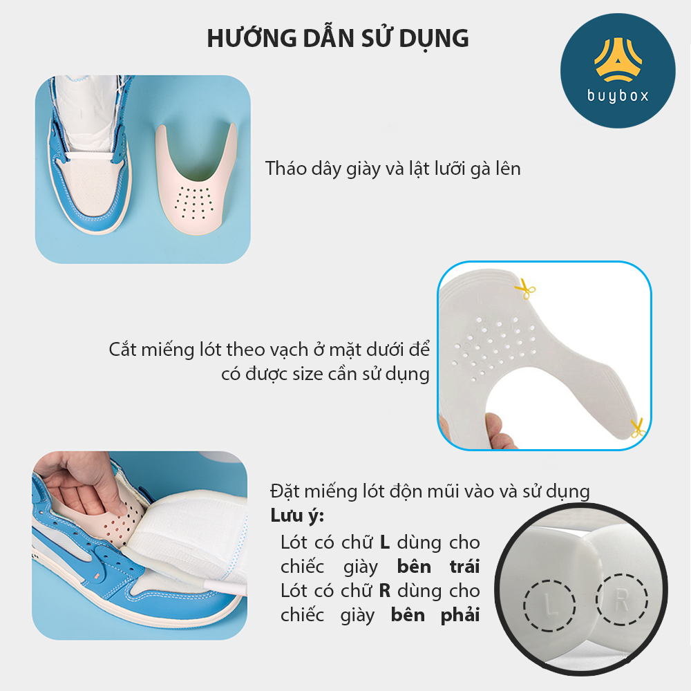 Hướng dẫn sử dụng Lót độn mũi giày chống nứt da, chống gãy mũi, chống xẹp mũi và giữ dáng mũi giày căng phồng - buybox - màu đen và màu trắng