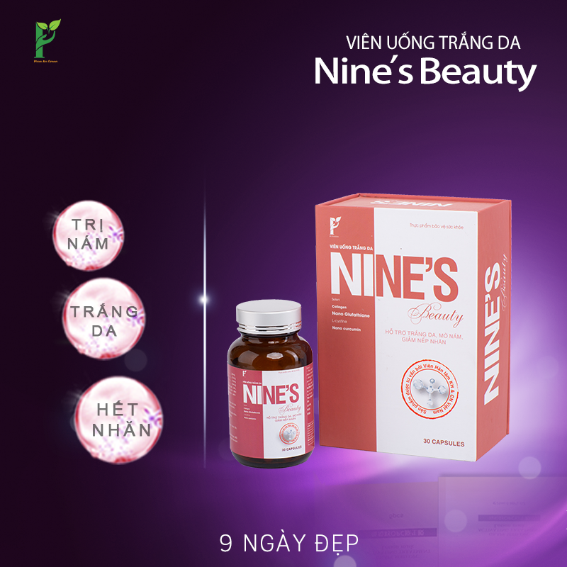 Viên uống trắng da mờ nám Nine s Beauty hỗ trợ điều trị nám tàn nhang da nhăn nheo đồi mồi tăng sắc tố tăng cường nội tiết tố nữ bổ sung nano glutathionen collage nano curcumin 3