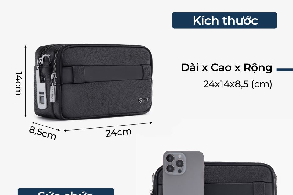 Clutch Đeo Chéo Ví Nam Cầm Tay GENCE RB08 Da Bò Khóa Vân Tay Cao Cấp Màu Đen