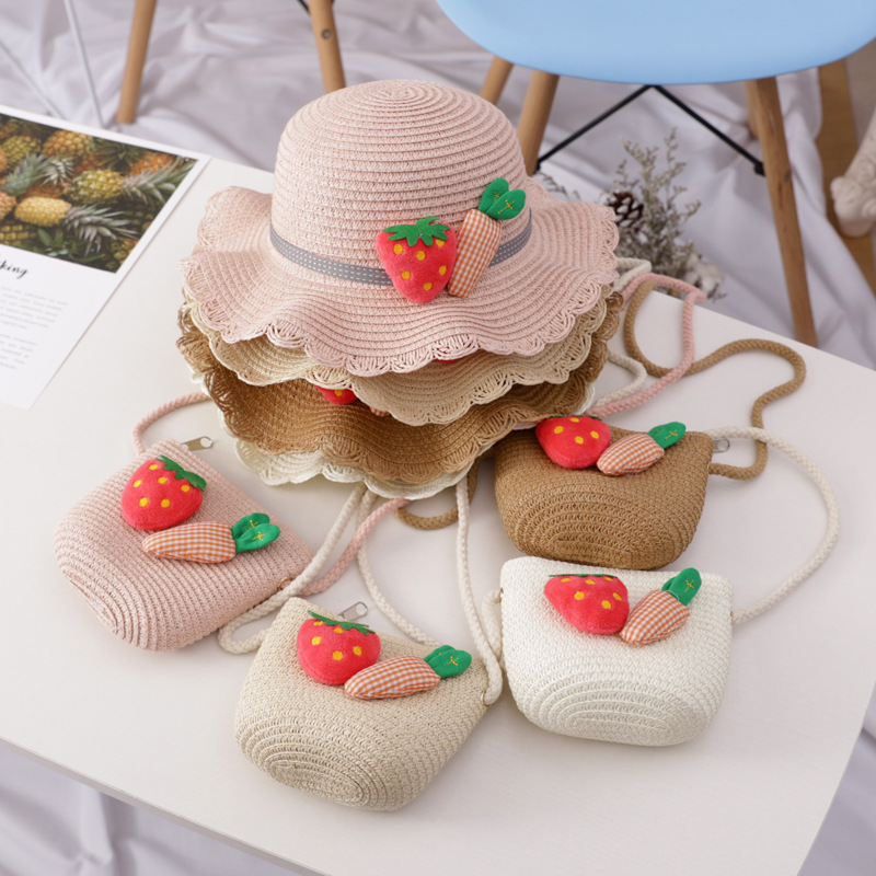 Set mũ cói cà rốt dâu tây + túi xách cói đi biển thời trang cho bé gái