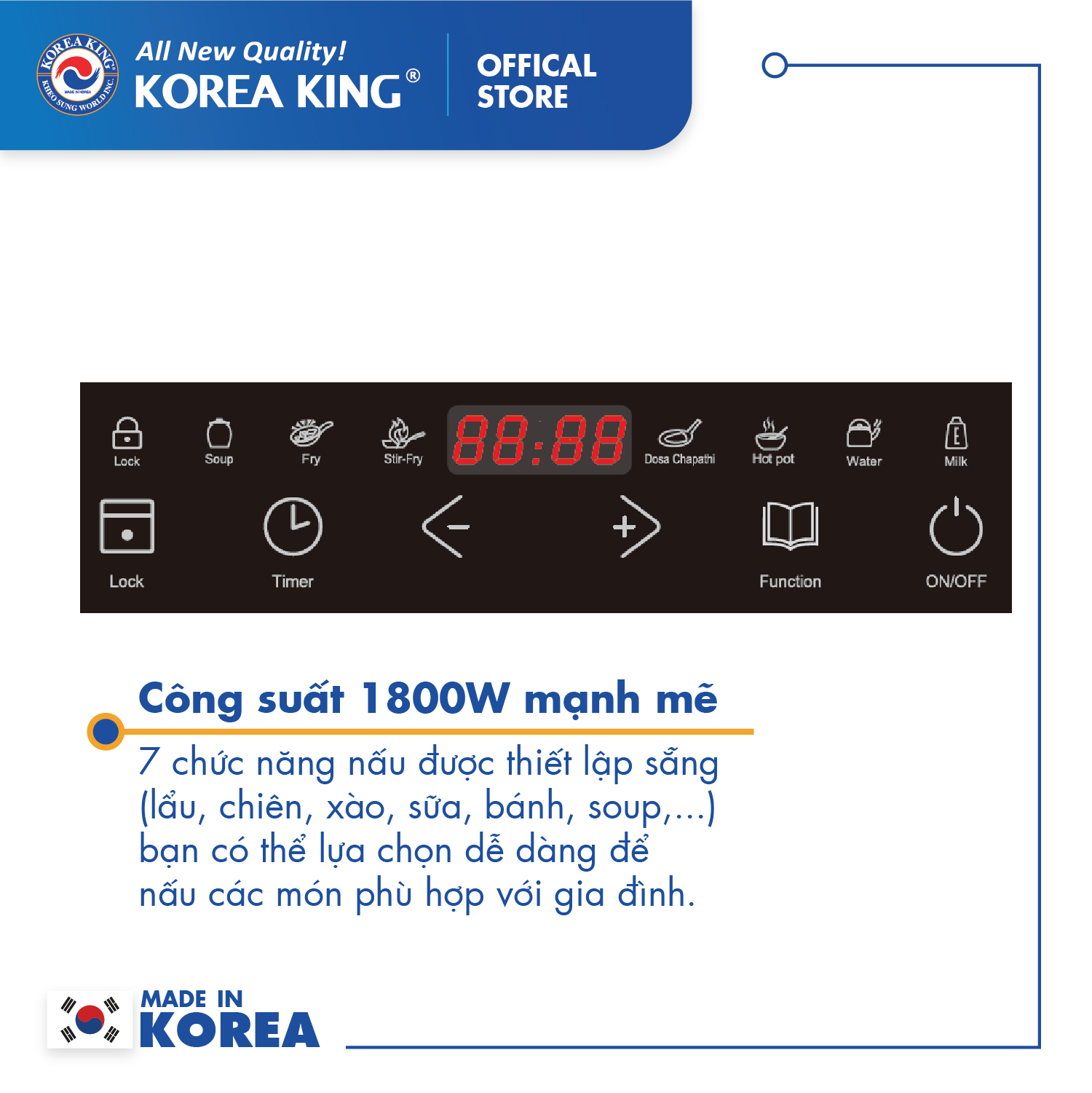 Bếp điện từ Korea King PIND-T34B (bếp đơn, mặt kính cường lực, công suất 1800W ) - Hàng chính hãng