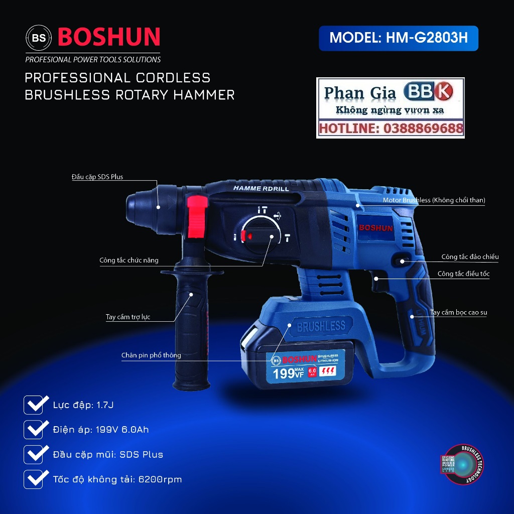 [LOẠI 1] Máy khoan bê tông BOSHUN 199V - 3 Chức Năng: Khoan, khoan búa, đục - 100% Lõi Đồng
