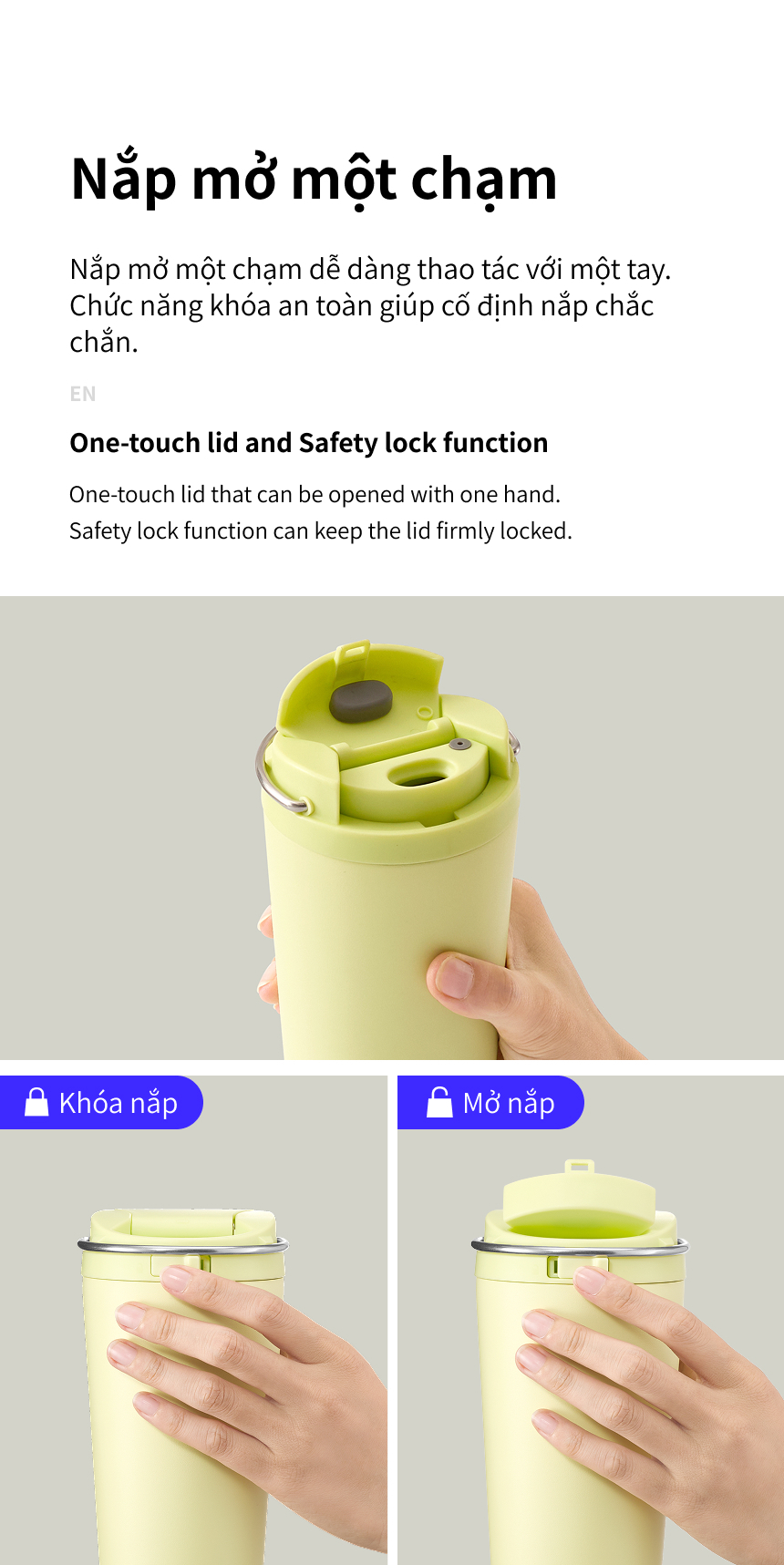 Ly Giữ Nhiệt LocknLock Bucket One Touch LHC3345 550ml, Hàng Chính Hãng, Quai Xách Tiện Lợi - JoyMall