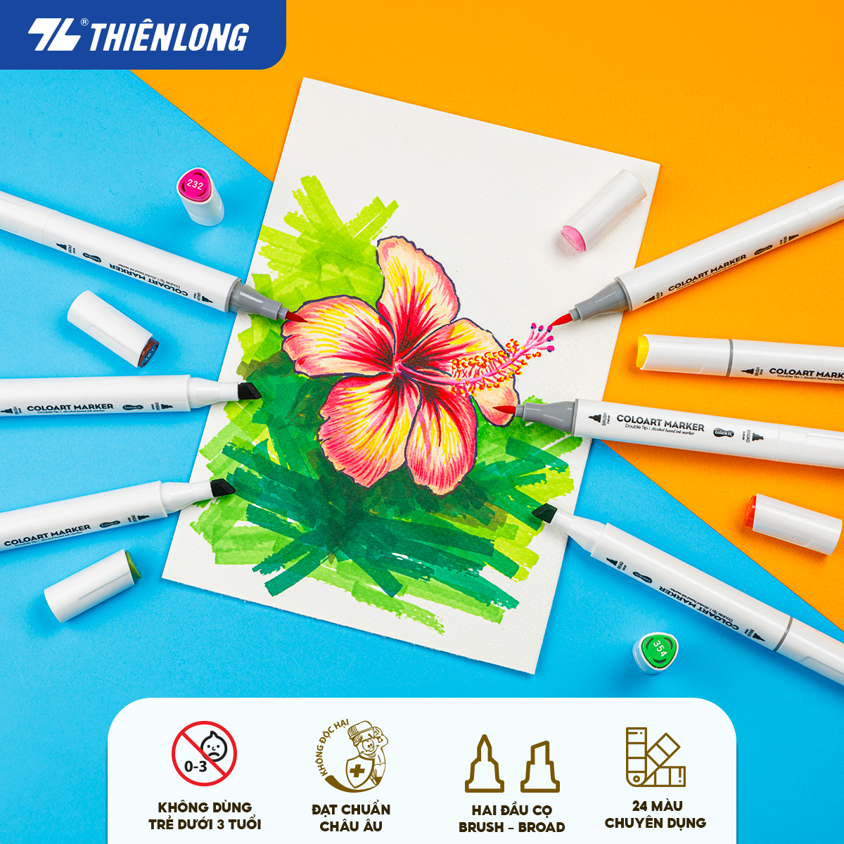 Bút dạ màu 2 đầu Art Marker Thiên Long Colokit - Bút dạ 12/24 màu, mực bền màu, mau khô dùng vẽ tranh, calligraphy