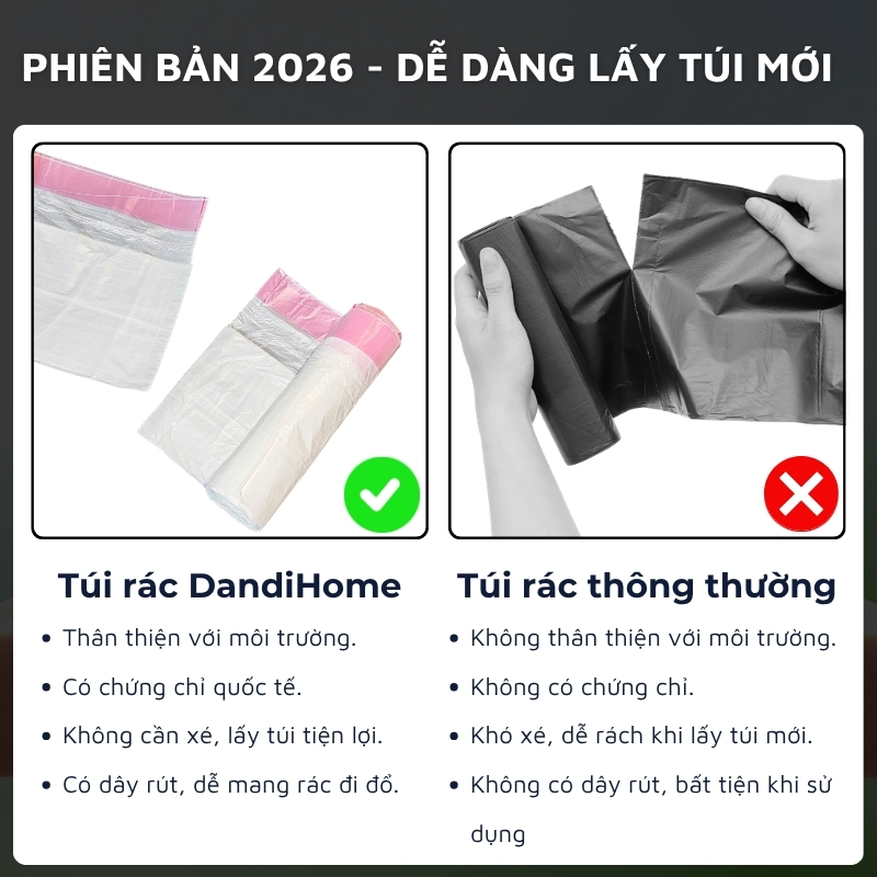 Túi rác, túi đựng rác tự hủy sinh học DandiHome có dây rút, túi rác không gây hại cho môi trường