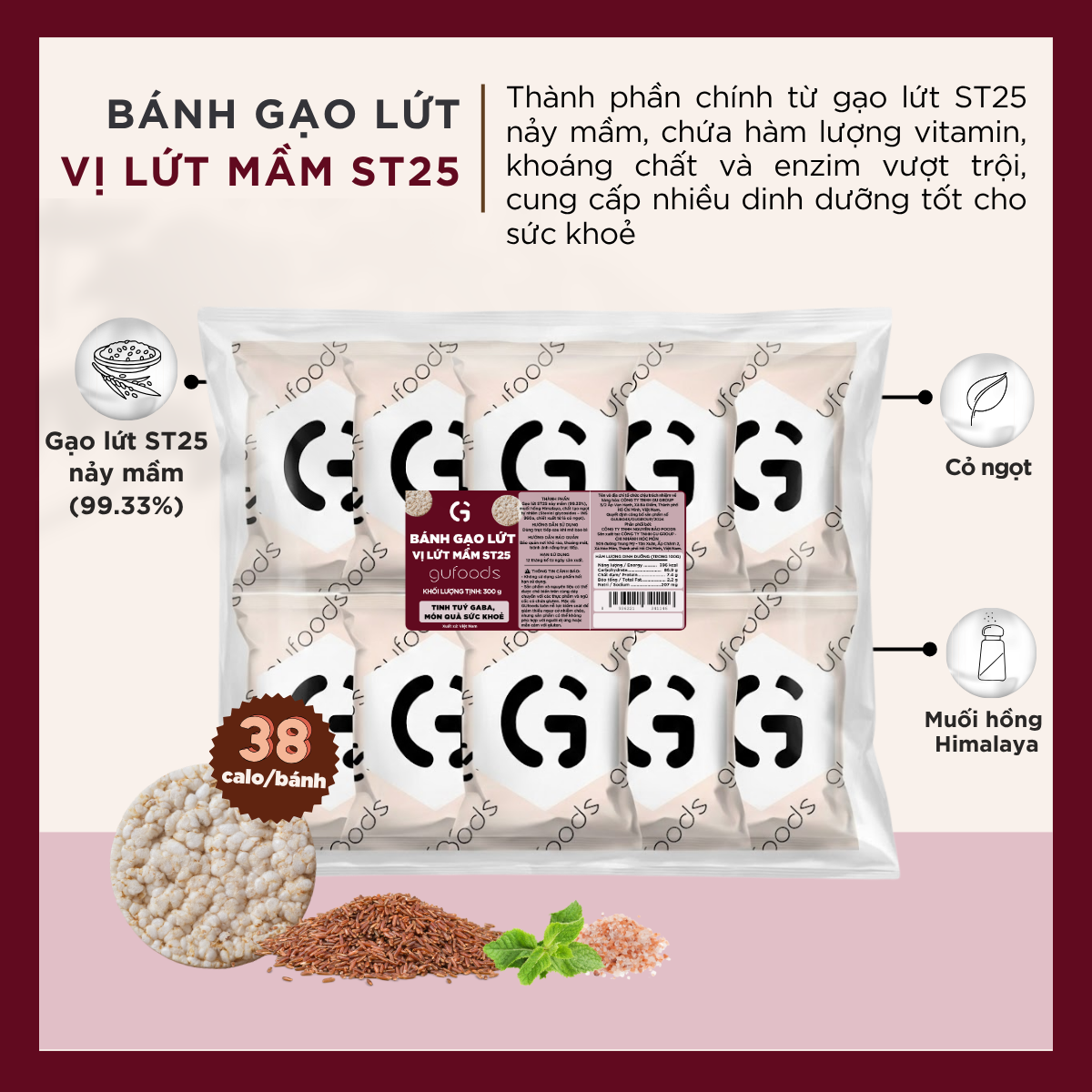 Bánh gạo lứt GUfoods - Không chiên dầu, Không đường, Từ gạo và ngũ cốc nguyên hạt, Lành mạnh, Phù hợp Eat clean, Ăn vặt healthy, Thực dưỡng, Tập gym, Thuần chay, Đa dạng hương vị (túi 300g = 30 bánh)