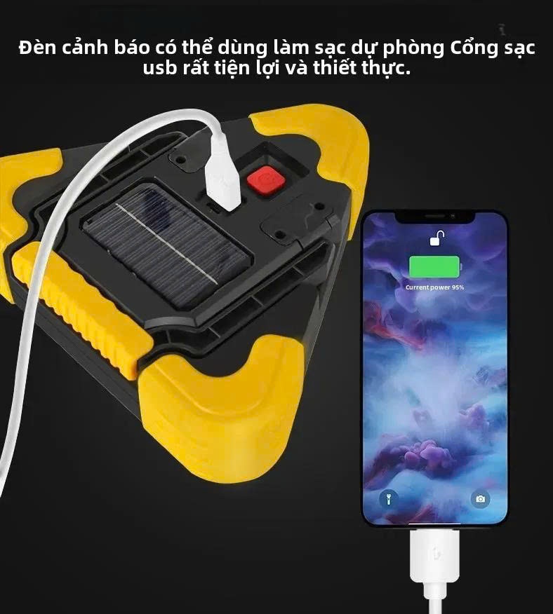 Đèn Cảnh Báo Tam Giác SOS LED COB Pin 6400mAh Sạc Năng Lượng Mặt Trời Cho Xe Đường Dài Tàu Thuyền Biển Báo Công Trình
