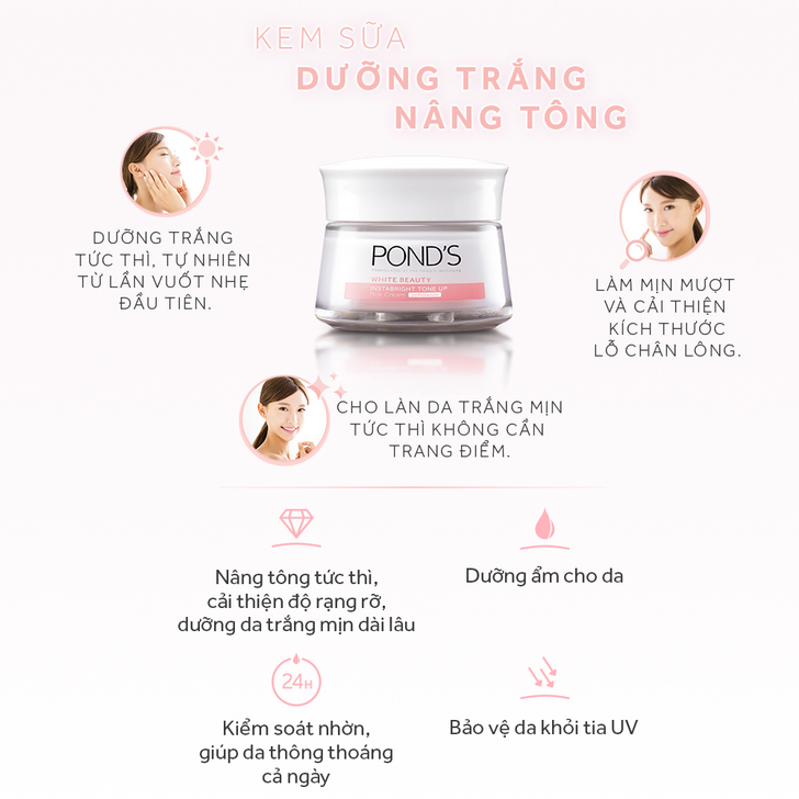Combo Kem Sữa Rửa Mặt Dưỡng Trắng Nâng Tông Pond'S White Beauty 100G, Phấn Phủ Nâng Tông Pond'S  40G Và Kem Sữa Dưỡng Trắng Nâng Tông Pond'S 50G