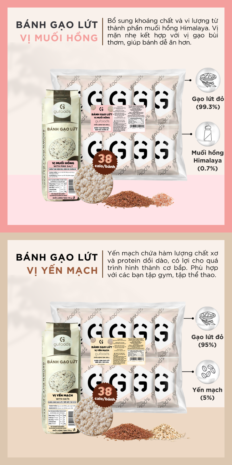 Bánh gạo lứt GUfoods (300g) - Không chiên dầu, Không đường, Từ gạo và ngũ cốc nguyên hạt, Lành mạnh, Phù hợp Eat clean, Ăn vặt healthy, Thực dưỡng, Tập gym, Thuần chay, Đa dạng hương vị