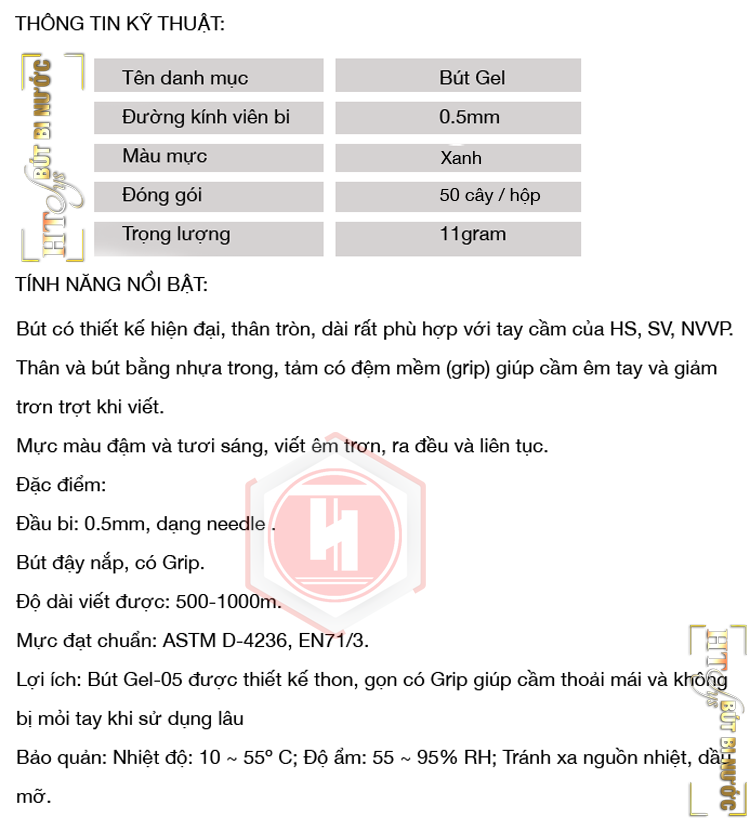 COMBO 50 BÚT GEL NƯỚC 0.5MM HT SYS MÀU XANH