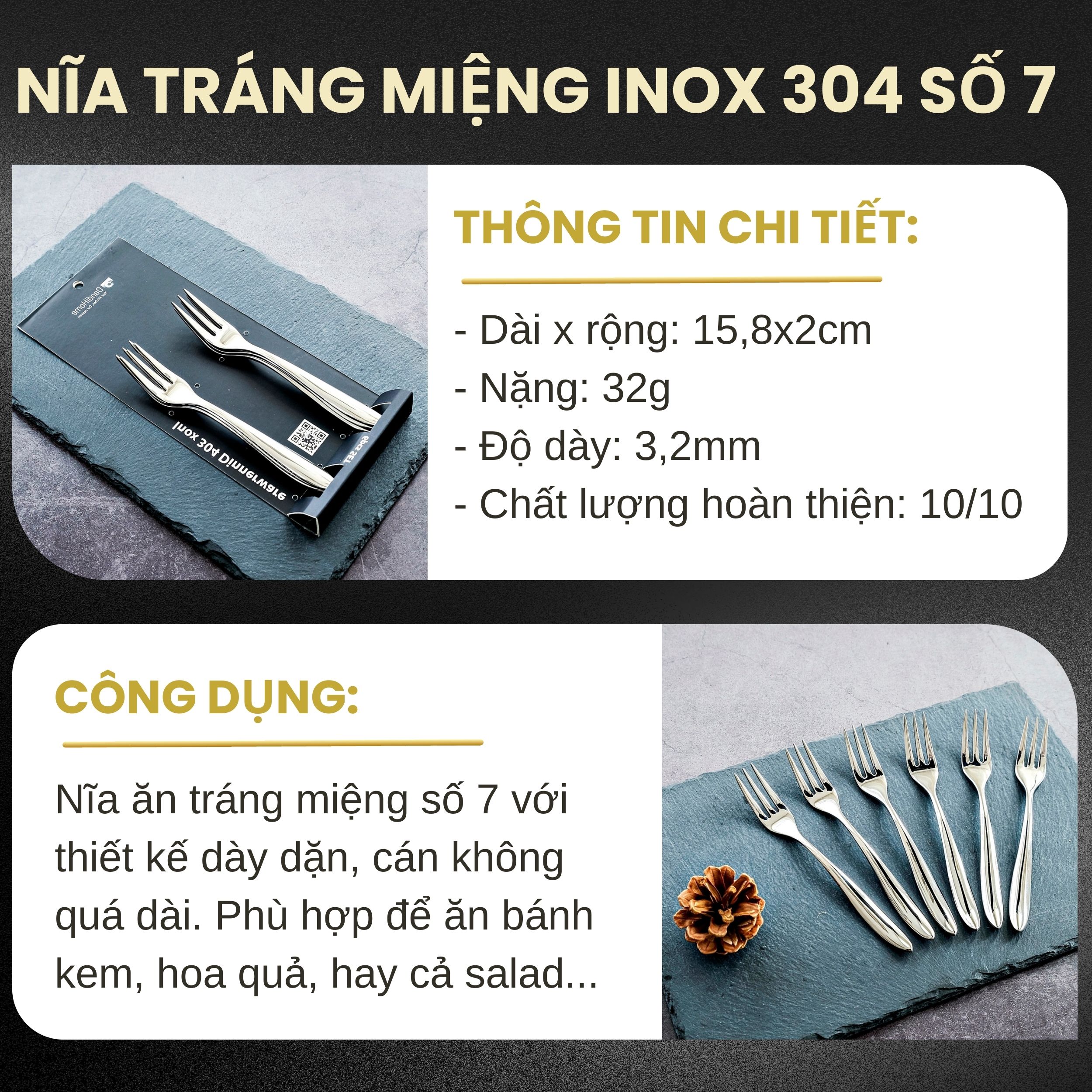 Bộ 6 nĩa inox 304 DandiHome 2020 cao cấp, sang trọng, tinh tế