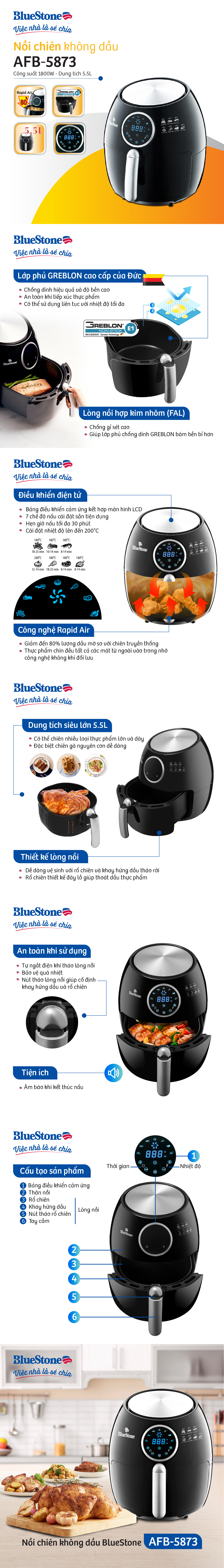 Nồi Chiên Không Dầu Điện Tử Bluestone AFB-5873 (5.5 Lít) - Hàng Chính Hãng