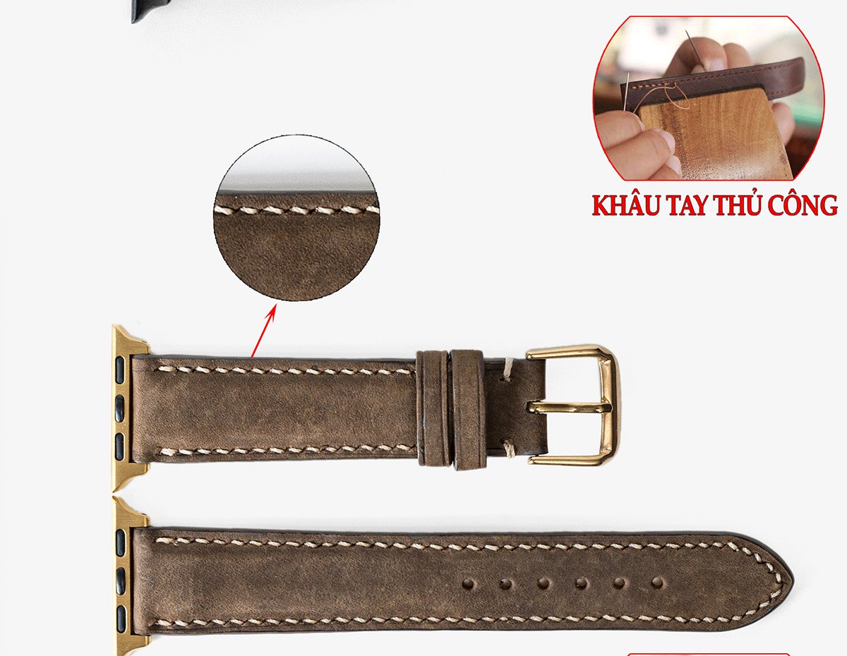 Dây đồng hồ dành cho AW da bò Vintage D116 - Hàng khâu tay thủ công cao cấp