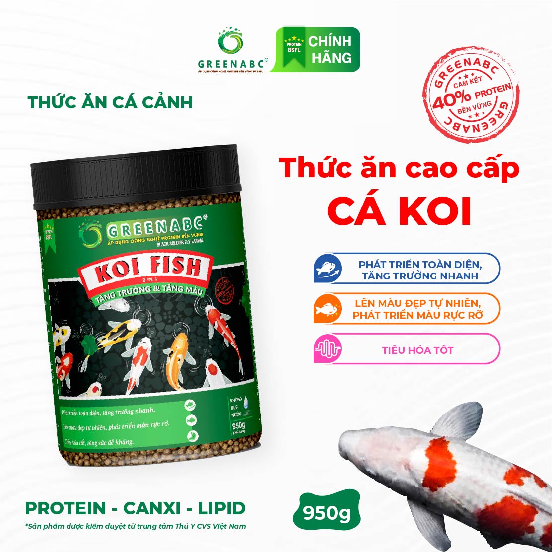 Thức ăn Cá Koi GREENABC - Koi Fish - Protein 40 tăng size, tăng màu, tiêu hóa tốt - Hộp 950g