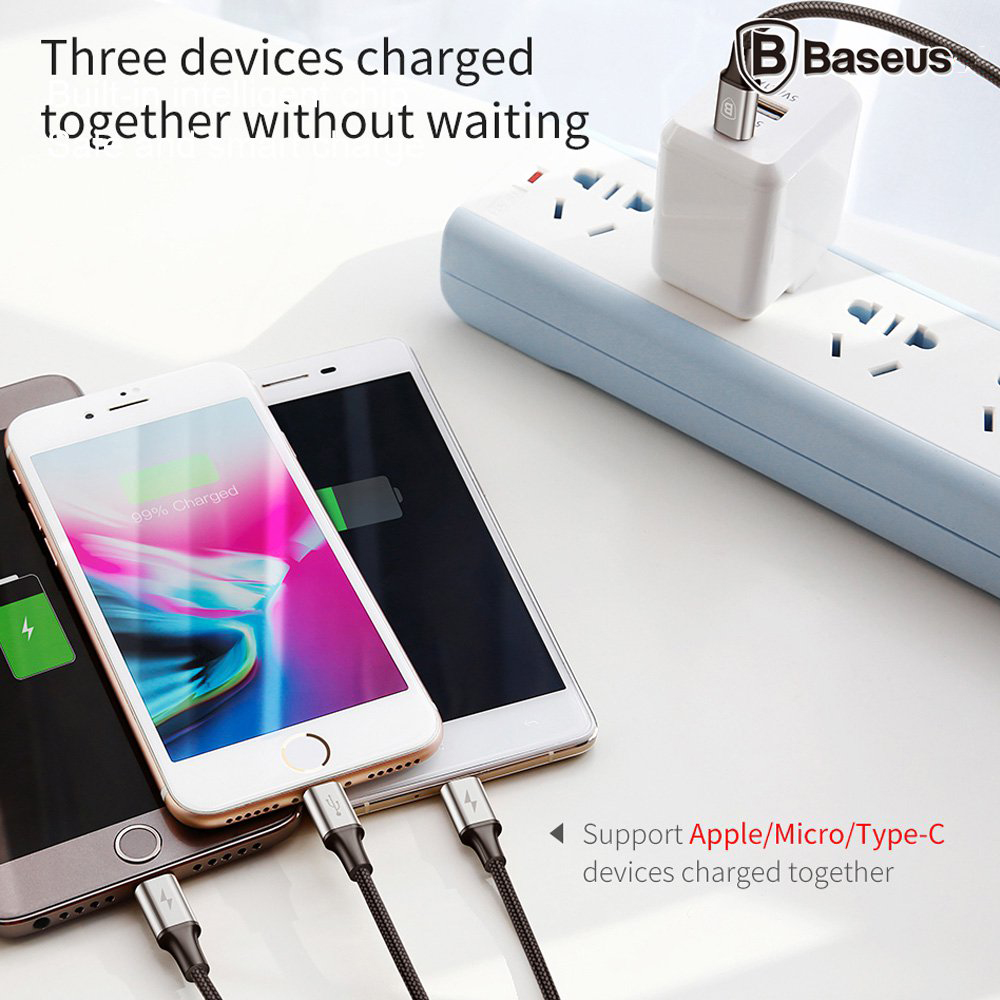 Dây sạc cho smartphone - tương thích hầu hết các loại điện thoại iPhone/Samsung/Xiaomi/Oppo  hỗ trợ sạc nhanh 3.0A, 120 cm - Baseus 3 in 1 Rapid Series LV.145- Hàng Chính Hãng