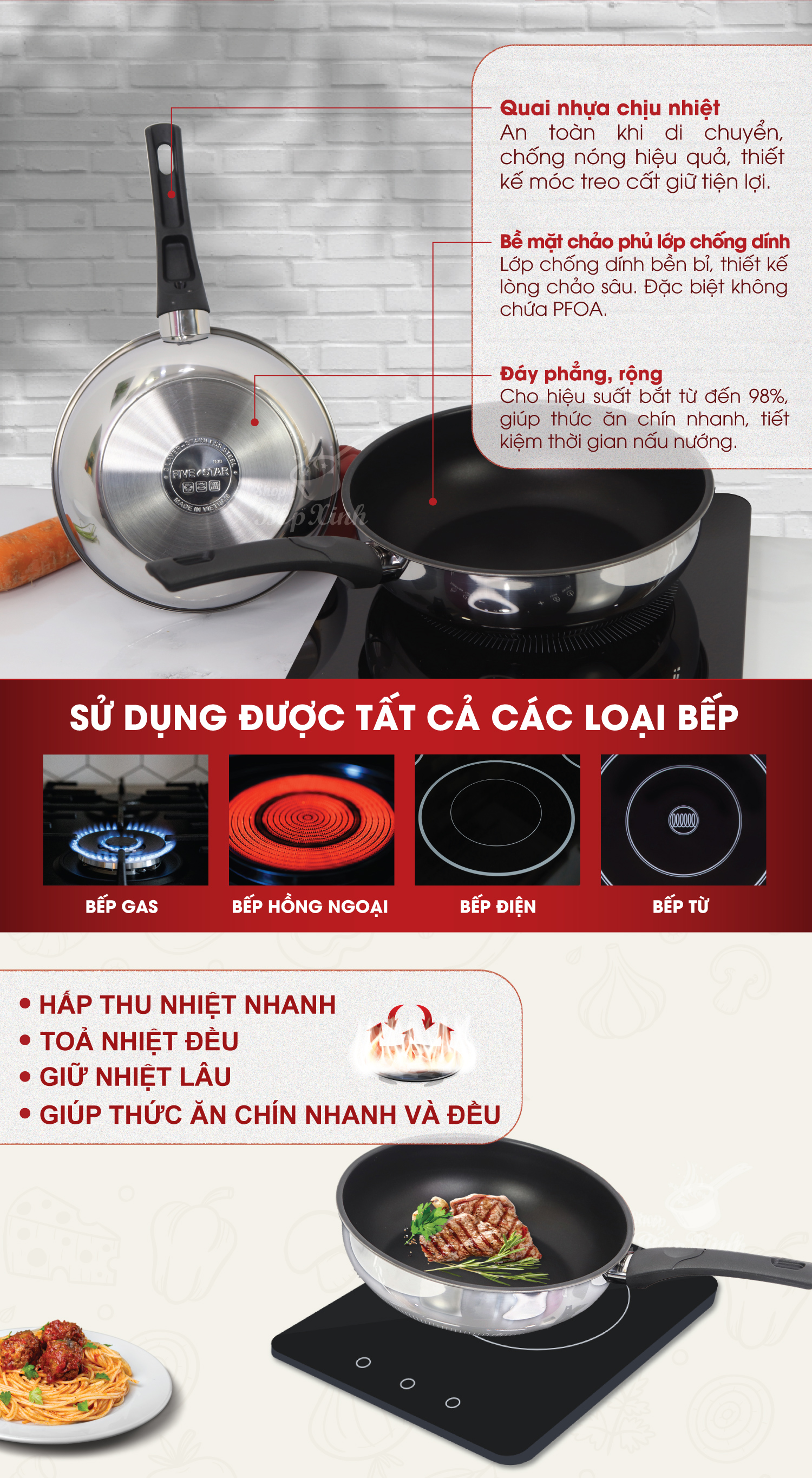 Chảo inox chống dính sâu lòng cao cấp Fivestar 3 đáy từ , inox 430, tặng 1 sạn dừa