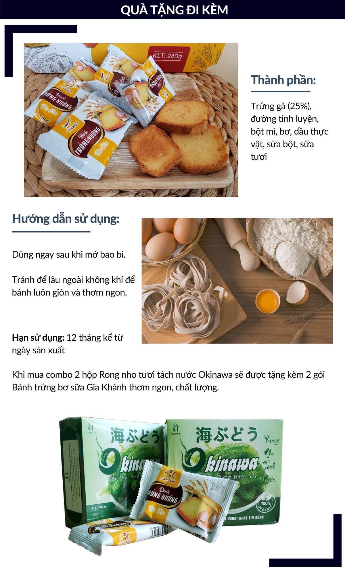 Combo 2 hộp Rong nho tươi tách nước Okinawa 100g (5 gói x 20g) + tặng kèm 2 gói bánh trứng Gia Khánh 11