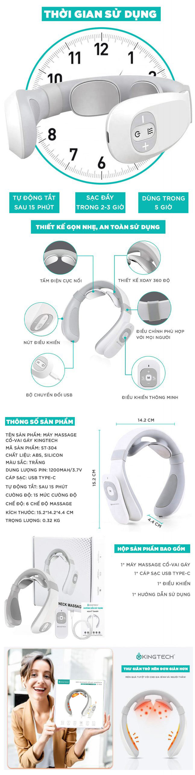 Máy Massage Cổ Vai Gáy Chuyên Sâu KINGTECH - Sử Dụng Xung Điện Kết Hợp Nhiệt Trị Liệu - Quà Tặng Cao Cấp - Chính Hãng