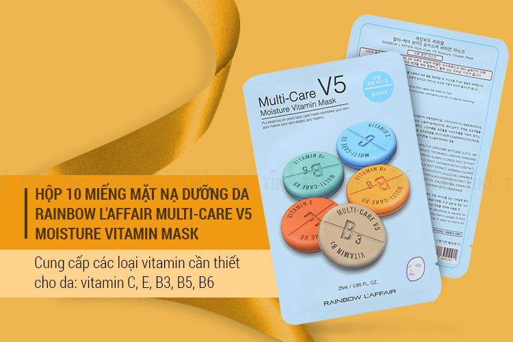 Hộp 10 Miếng Mặt Nạ Dưỡng Da Rainbow L'Affair Multi-Care V5 Moisture Vitamin Mask