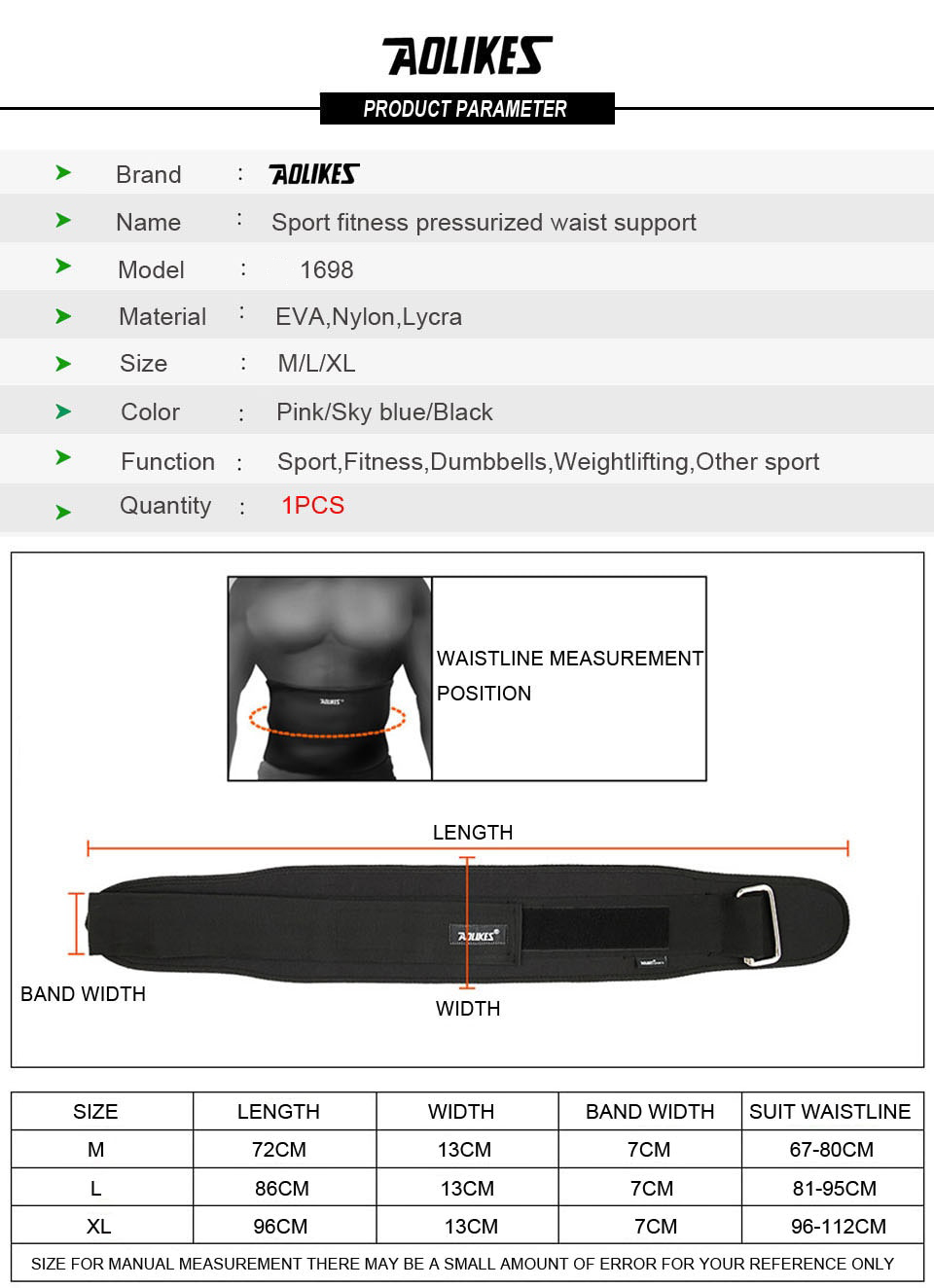 Combo đai lưng mềm và đai quấn cổ tay tập gym cao cấp Aolikes YE-1698-1538