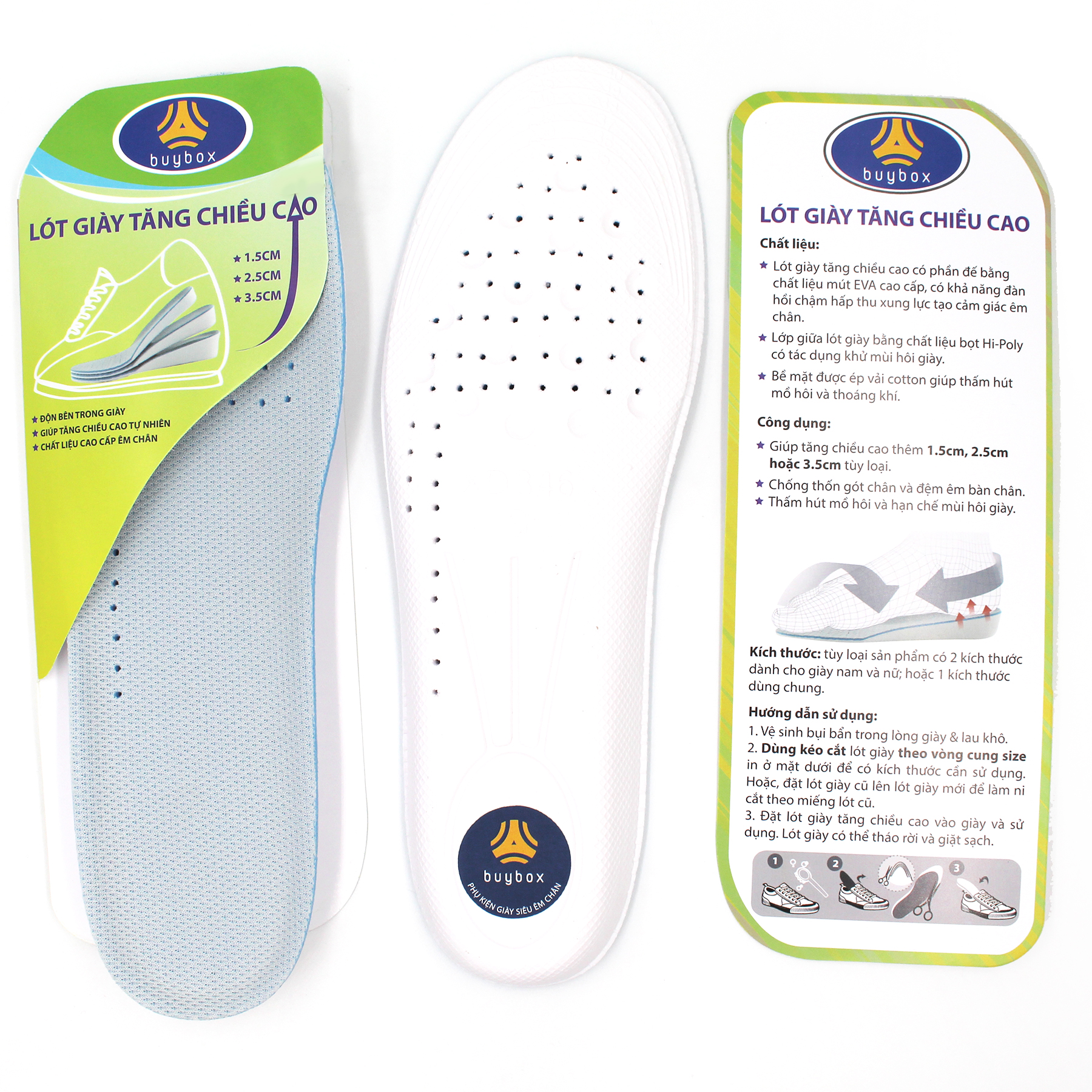 Lót giày độn đế tăng chiều cao buybox tăng 1.5cm, 2.5cm, 3.5cm