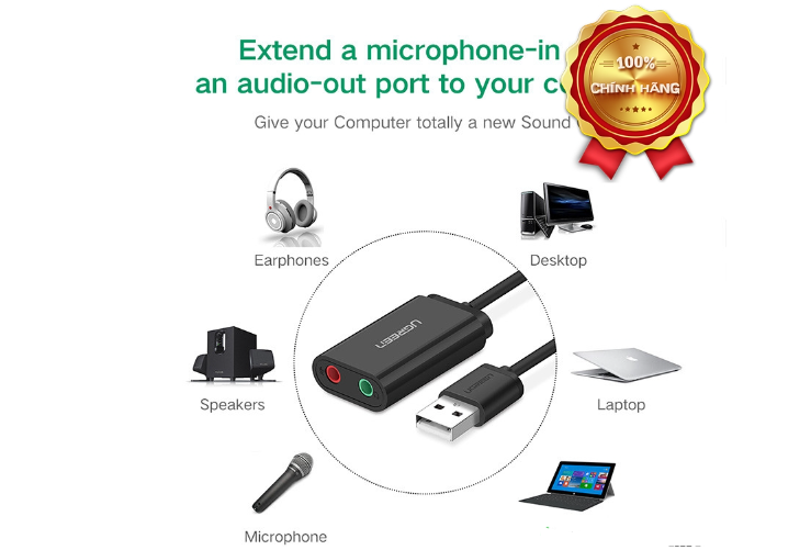 Dây USB 2.0 UGREEN US205 mở rộng sang đồng thời 2 cổng 3.5mm cho tai nghe + mic (DISABLE) - Hàng chính hãng