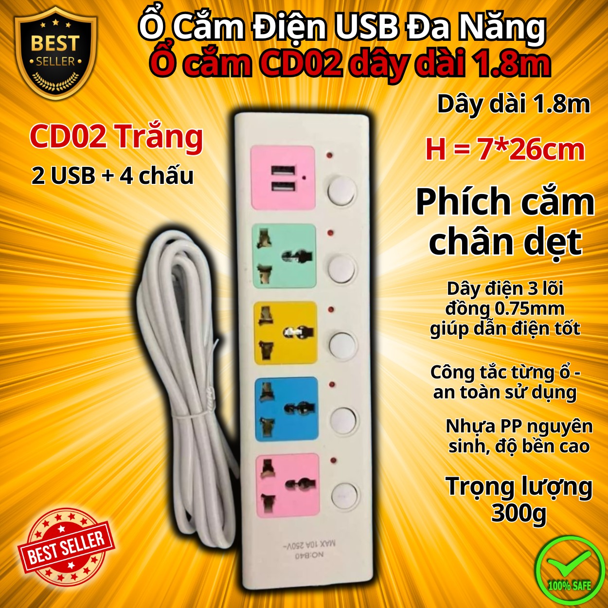Ổ Cắm Điện USB Đa Năng Cao Cấp Chống Giật Dây Dài 0.9m – 1.1m và 1.8m, Ổ Cắm Điện Công Suất 2500W Có Chốt An Toàn