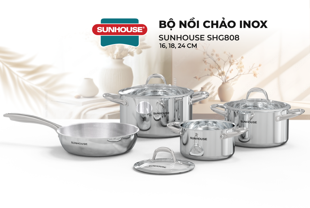 Bộ Nồi Chảo Inox 304 Đáy Liền Sunhouse SHG808