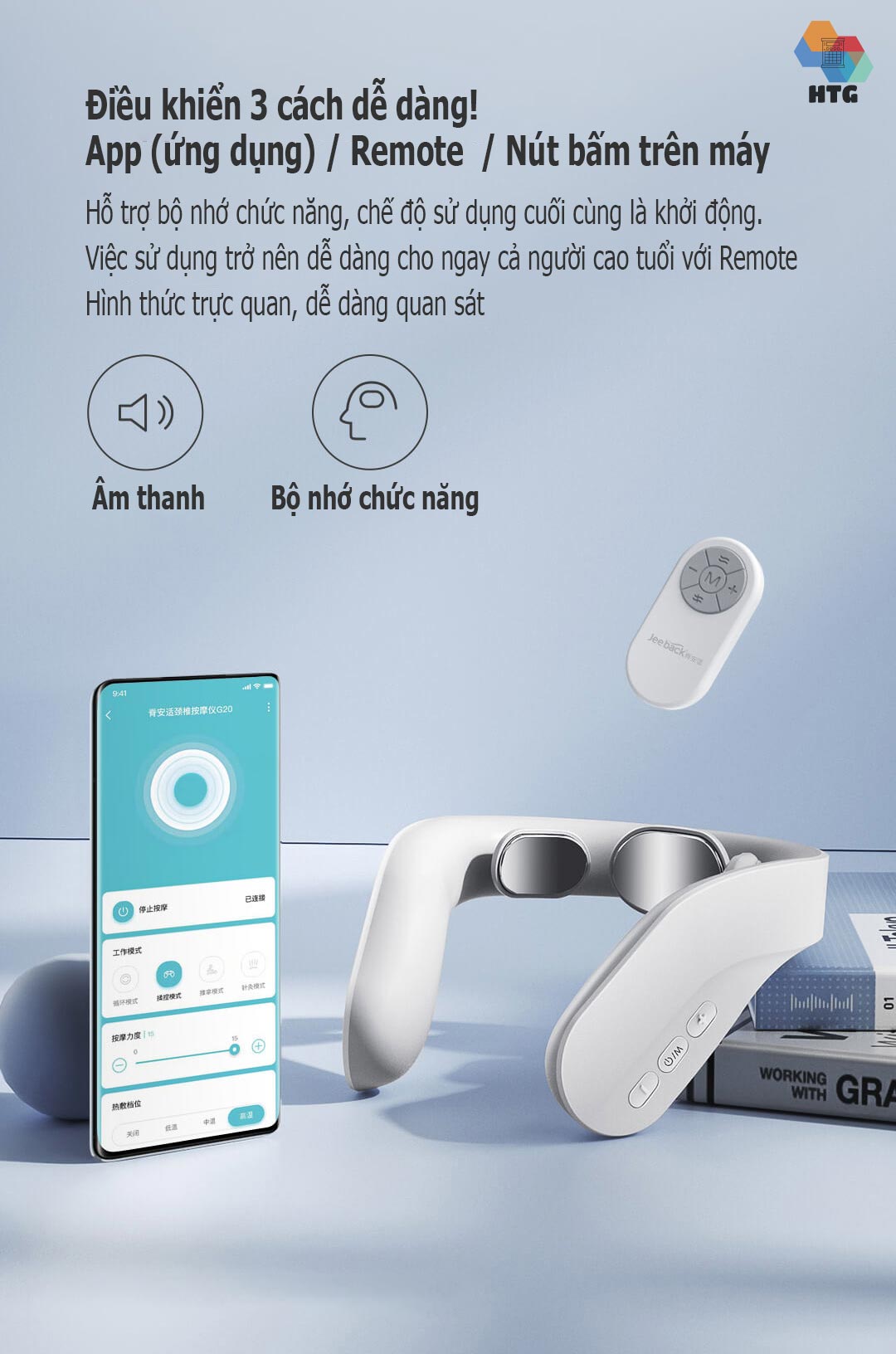 Máy massage cổ vai gáy Jeeback G20 tích hợp remote điều khiển, điều khiển kết nối App, massage nhiệt 3 mức tùy chọn, 4 chế độ massage kết hợp 15 mức cường độ, hàng chính hãng