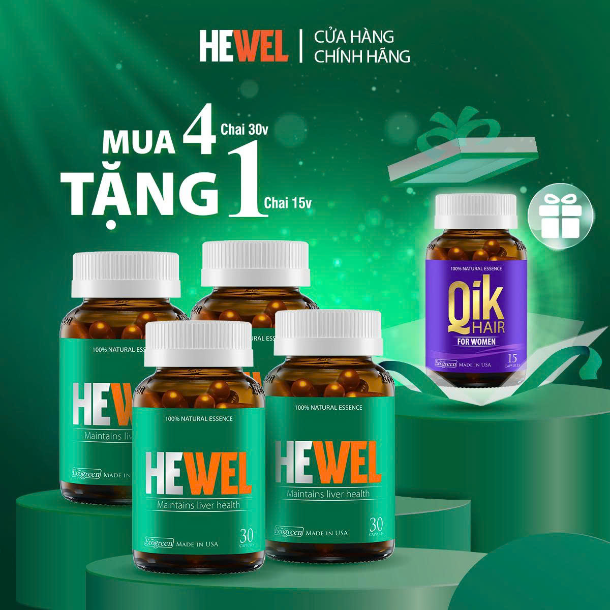 [Tặng Qik Hair Nữ 15v] Combo 4 Hộp 30v -  Viên Uống Bổ Gan Hewel Ecogreen – Giải Độc Gan Mát Gan, Hỗ Trợ Tiêu Hóa