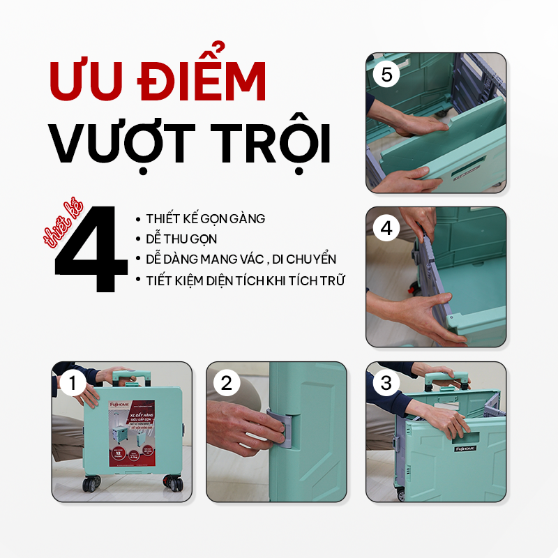 Xe kéo đi chợ siêu thị  65L xếp gọn nhập khẩu FUJIHOME ST250, bánh xe xoay 360 độ, xe đẩy hình hộp vali 65L xếp gọn đa năng- Hàng chính hãng