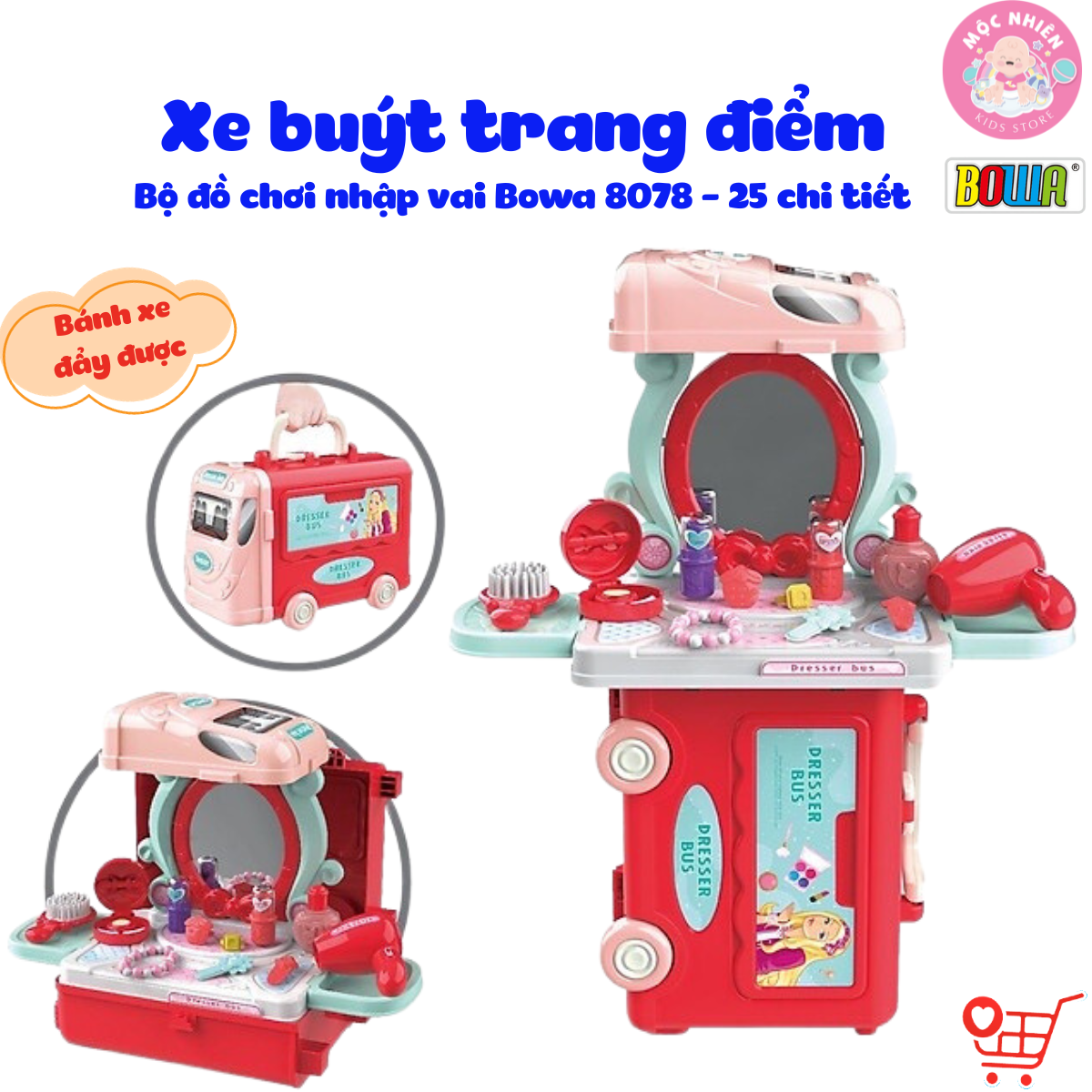 Bộ đồ chơi hướng nghiệp nhập vai Bowa 8078 - Xe buýt trang điểm 25 chi tiết (bánh xe đẩy được)