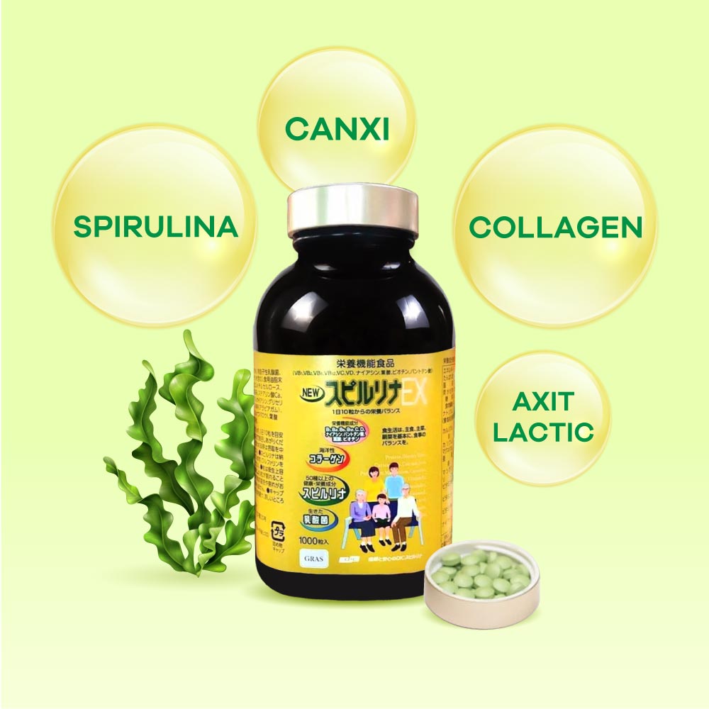 Tảo Vàng Spirulina EX Nhật Bản (Hộp 2 lọ, mỗi lọ 1000 viên)